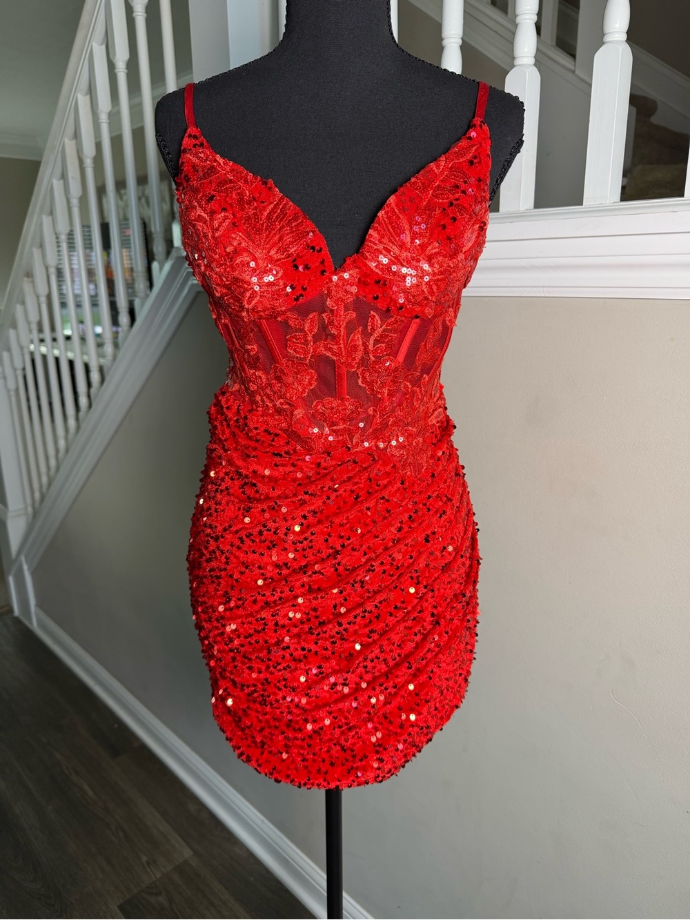 Red Sequin Lace Bodycon Dress
